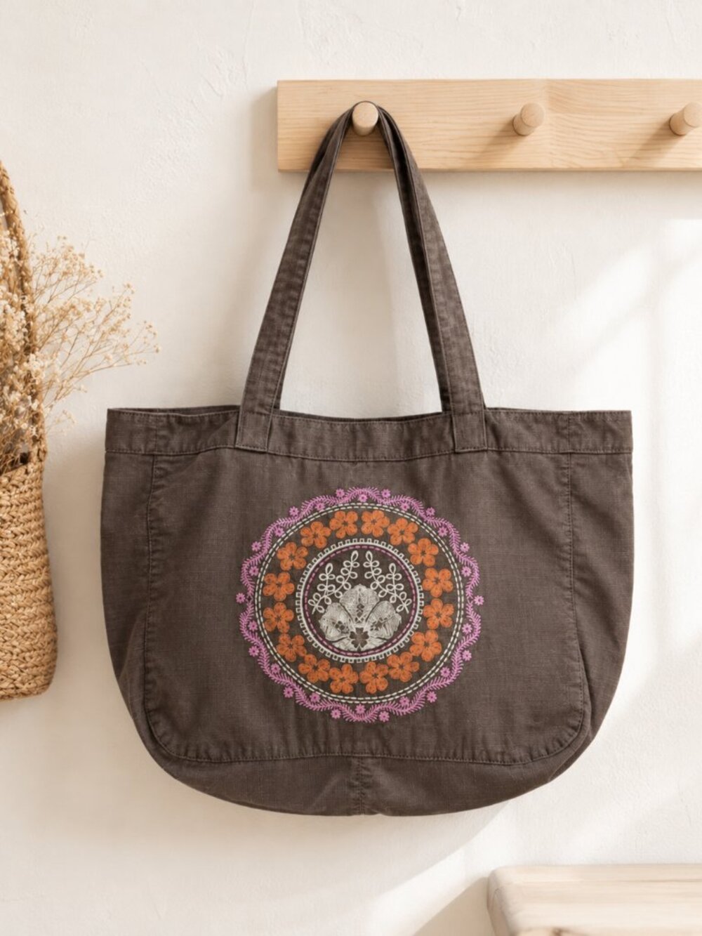 American Eagle Brown Linen Beach Tote Bag Embroidered Boho Shoulder Bag